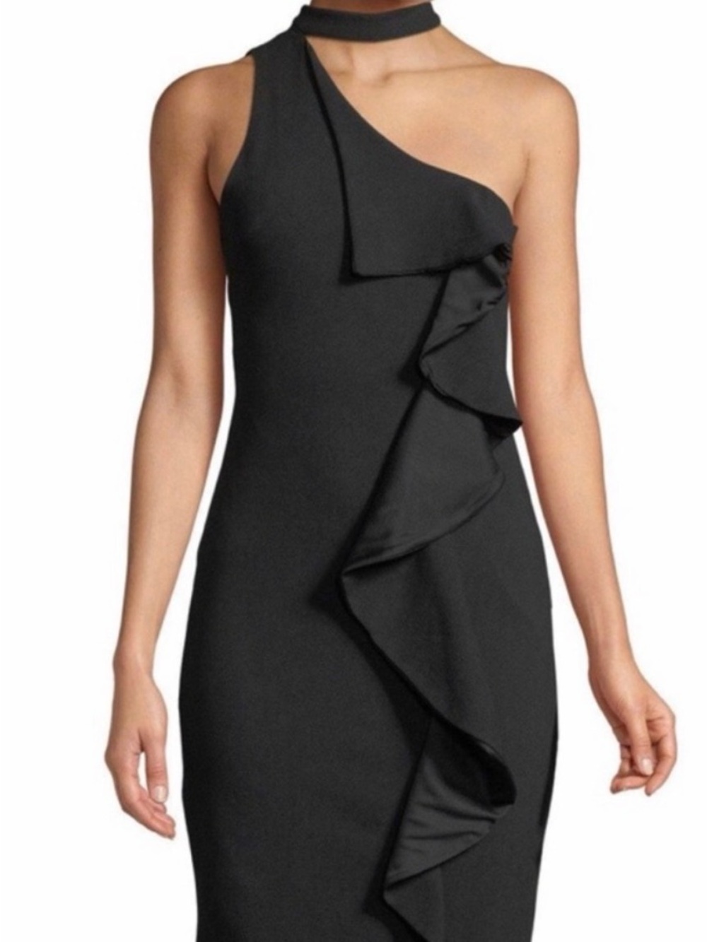 bebe One-Shoulder Black Ruffle Choker Dress